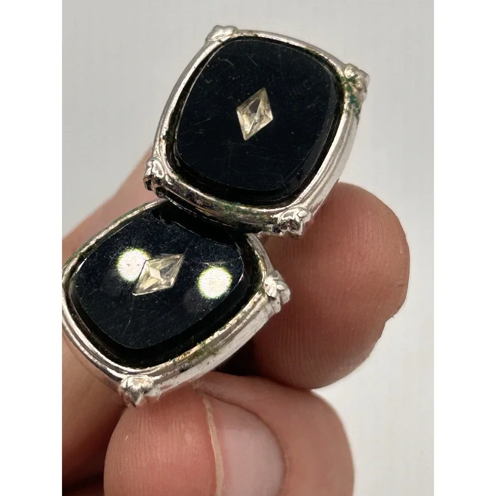 VIntage Shields Mens Cufflinks & Tie Tack Black Glass Diamond Chip‎ Silver Tone